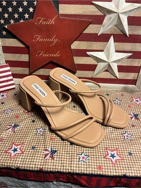 Steve Madden Nude Tan Strappy Block Heel Mules